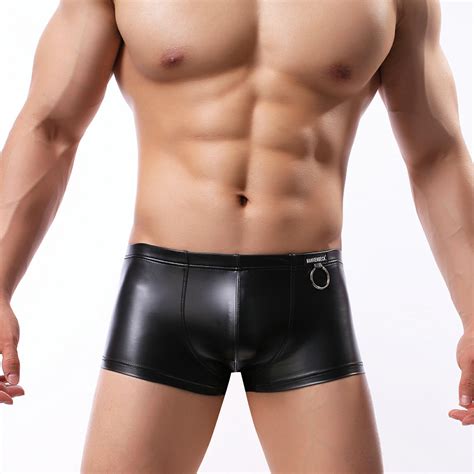 sexy men underwear black faux leather boxers shorts man low rise u