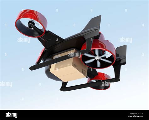metallic red vtol drone carrying delivery package flying   sky