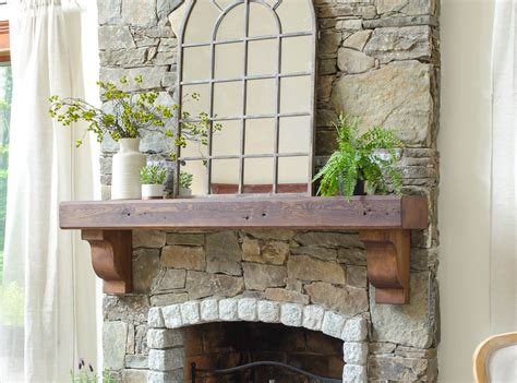 hang  wood mantel   stone fireplace  rebar