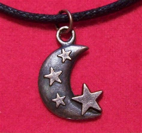 Antiqued Copper Pewter Crescent Moon Stars Pendant