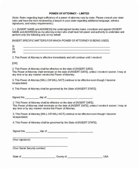 special power  attorney form beautiful sample limited power