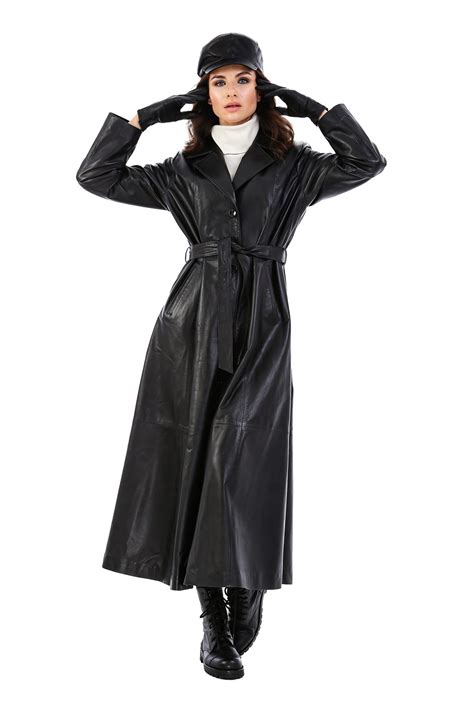 alisa womens  real black leather trench coat