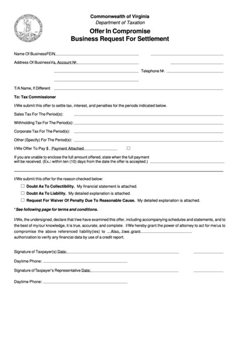 fillable offer  compromise business request  settlement printable