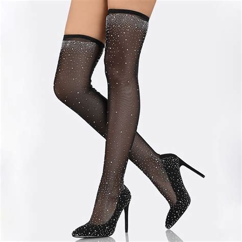 summer sexy women glitter crystal drilled pointed toe stretch mesh socks boots thin heels slim
