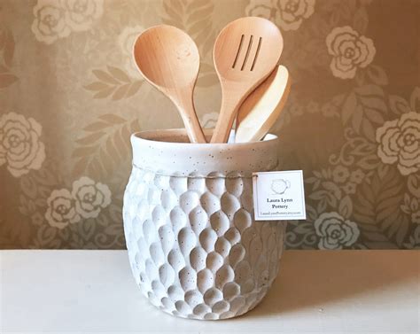 kitchen utensil jar white utensil holder handmade pottery ceramic