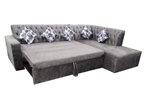 Modern Gery Wooden L Shape Sofa Cum Bed Bedroom Size 130x38x34 Inch