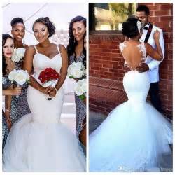 2018 White Spaghetti Black Girl Lace Appliques Mermaid Wedding Dresses