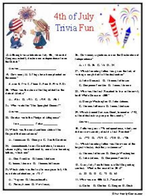 4th Of July Trivia Printable Worksheets