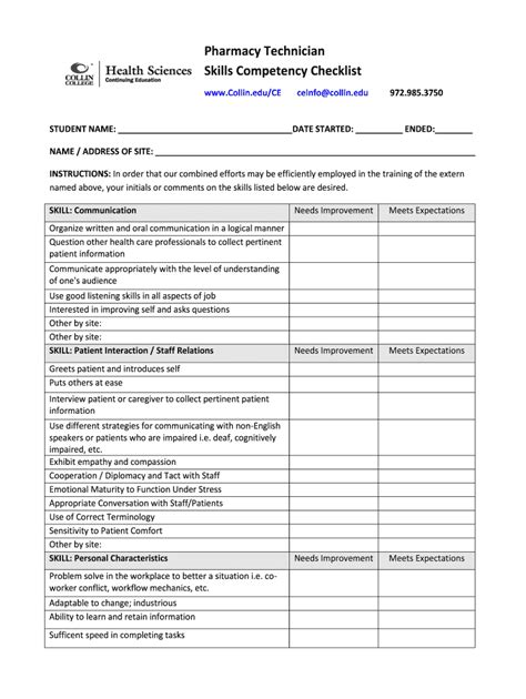 collin college pharmacy technician skills competency checklist fill