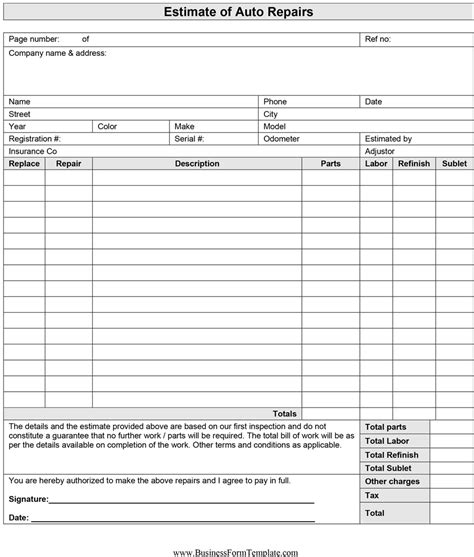 estimate template forms construction repair cleaning
