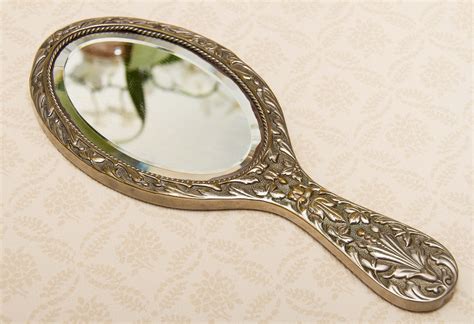 vintage ornate silver plated hand mirror vanity beveled edge oval