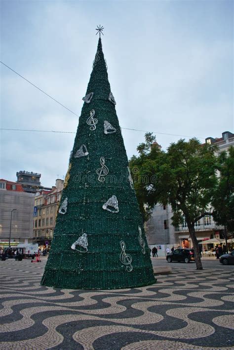 christmas tree   plaza square  day time  lisbon portugal editorial photo image