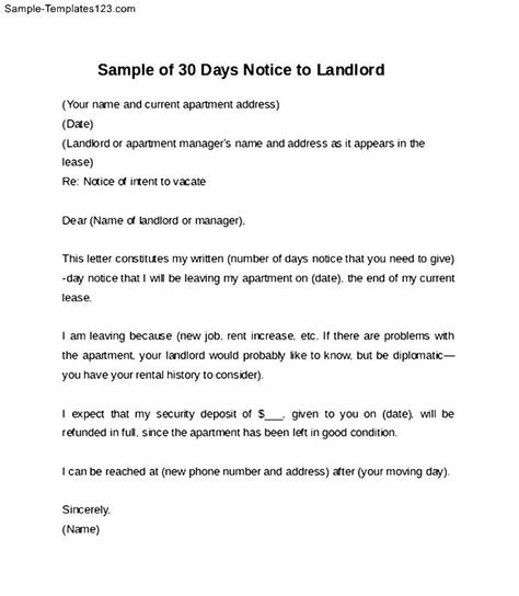 sample   days notice letter  landlord sample templates sample