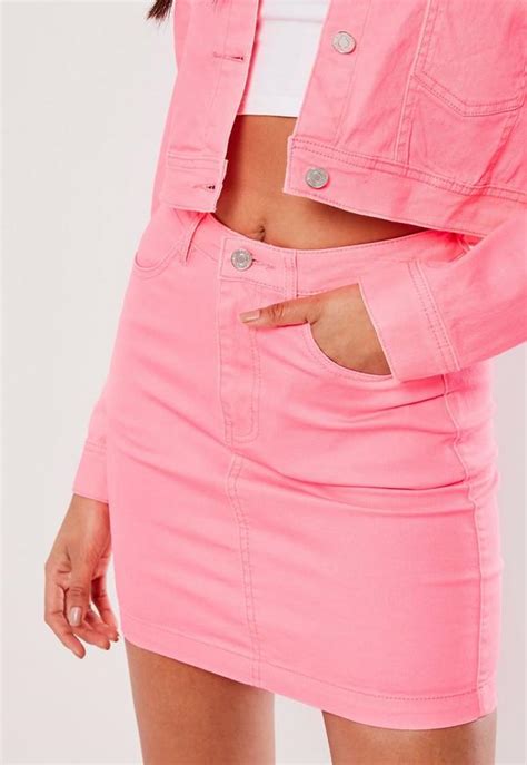 neon pink co ord superstretch denim skirt missguided