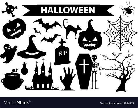 happy halloween icons set black silhouette style vector image