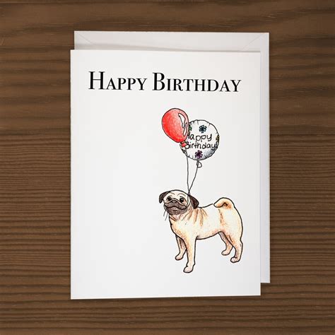 happy birthday pug card notecard  envelope pug greeting etsy