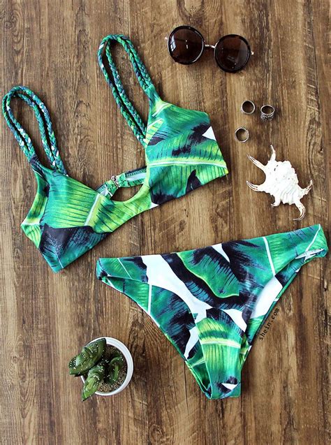 Green Tropic Print Braided Strap Bikini Set Cute Swimsuits Cute