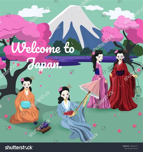 Four Japanese Girls National Costumes Vector Image Vectorielle De