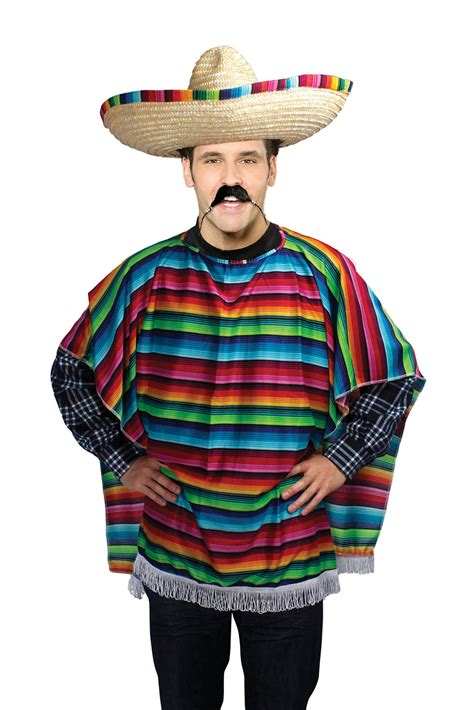 Mens Stripy Mexican Poncho Fancy Dress Costume Mexico Party Outfit
