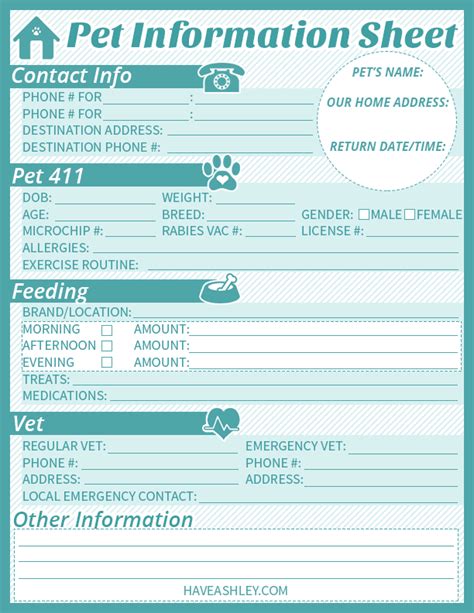 printable pet information sheet template  printable templates