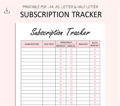subscription tracker printable subscription log expense etsy