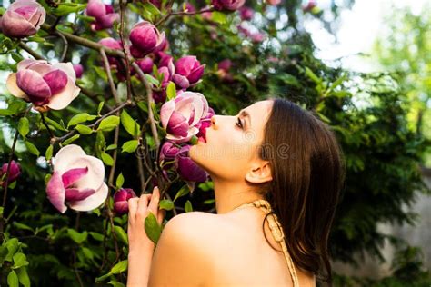Beauty Spring Girl With Magnolia Flovers Tenderness Sensual Woman