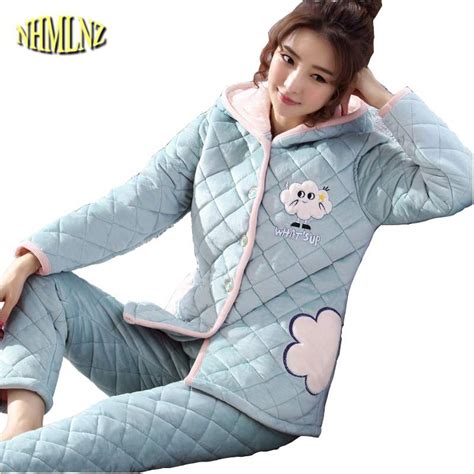 cotton pajamas women winter thick warm pajama set coral fleece three layer quilted flannel