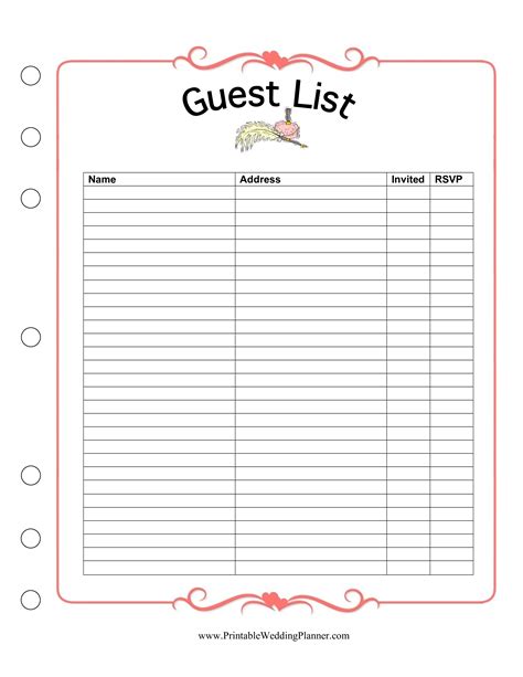 spreadsheet printable guest list template maryleelondon