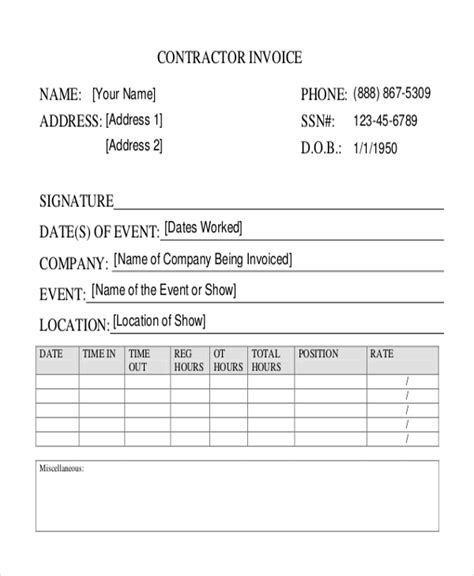 sample contractor invoice forms   ms word excel