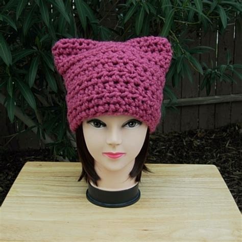 dark rose pink winter pussyhat handmade crochet pussy hat aftcra
