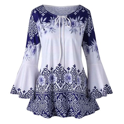 bohemian print plus size tops blouses womens flare sleeve lace up loose