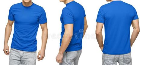 Young Male In Blank Blue T Shirt Front And Back View Isolated White
