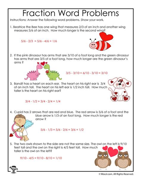 valentines day fractions word problems worksheet answer key woo jr