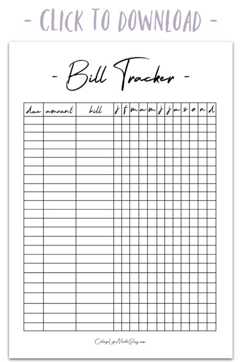 printable bill tracker template  printable templates
