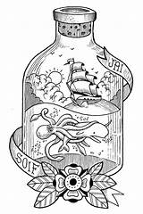 Bottle Tattoo Tattoos Coloring Pages Traditional Ship Vintage Adults Style Colouring Flash Message Drawing Cool Drawings Underwater Scene Old American sketch template