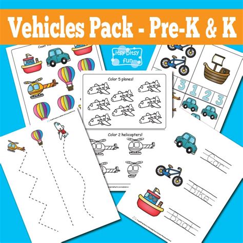 vehicles printable preschool  kindergarten pack itsybitsyfuncom