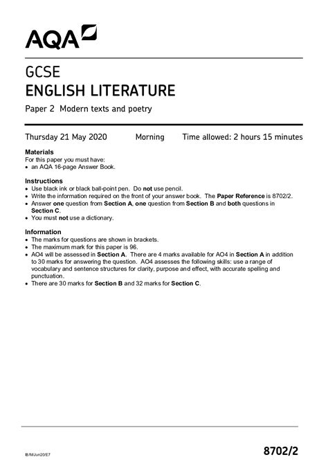 aqa gcse english literature paper  modern texts  poetry qp