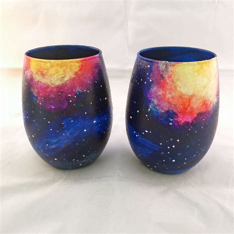 Galaxy Hand Painted Stemless Wine Glasses Set Of 2