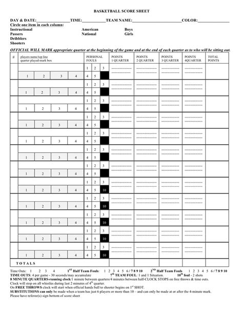 basketball score sheet template  word   formats