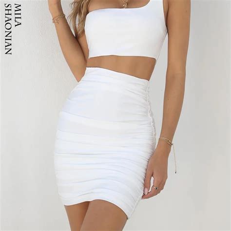 Elastic White Sexy Pencil Skirts Women Solid High Waist Cross Pleated