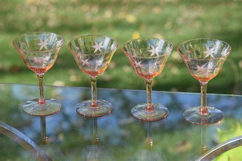 Vintage Etched Pink Depression Glass Cocktail Martini Glasses Set Of