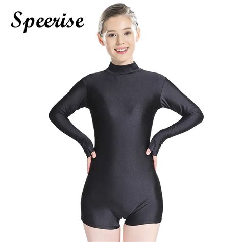 Speerise Womens Black Long Sleeve Leotard Bodysuit Lycra Spandex Shiny