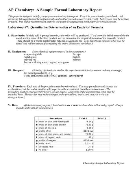 ap chemistry  sample formal laboratory report