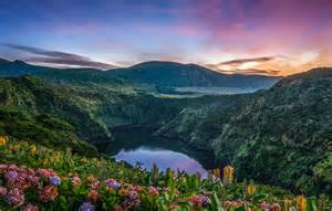 wallpaper sunset flowers mountains lake portugal portugal azores azores  island
