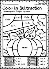 Subtraction Color Worksheets Fall Autumn Kindergarten Number Code Kids Teacherspayteachers Addition Numbers sketch template