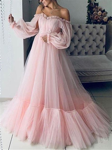 pink lace  shoulder fluffy tulle grenadine long sleeve prom party maxi dress prom dresses