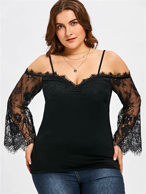 Buy Gamiss Plus Size Sheer Lace Bell Sleeve Blouse