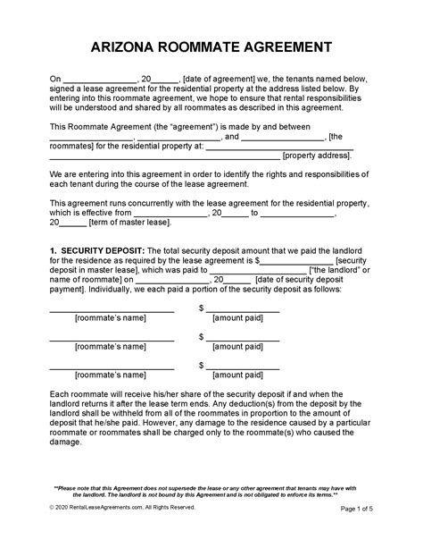 arizona roommate agreement template  ms word