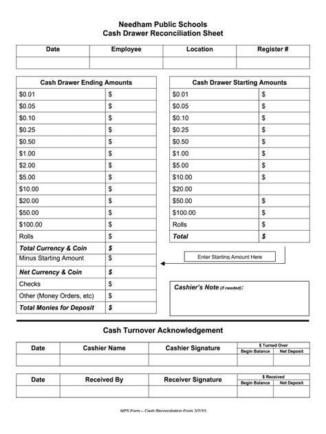 cash register  printable cash drawer count sheet printable templates