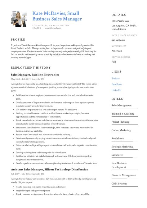 small business sales manager resume examples